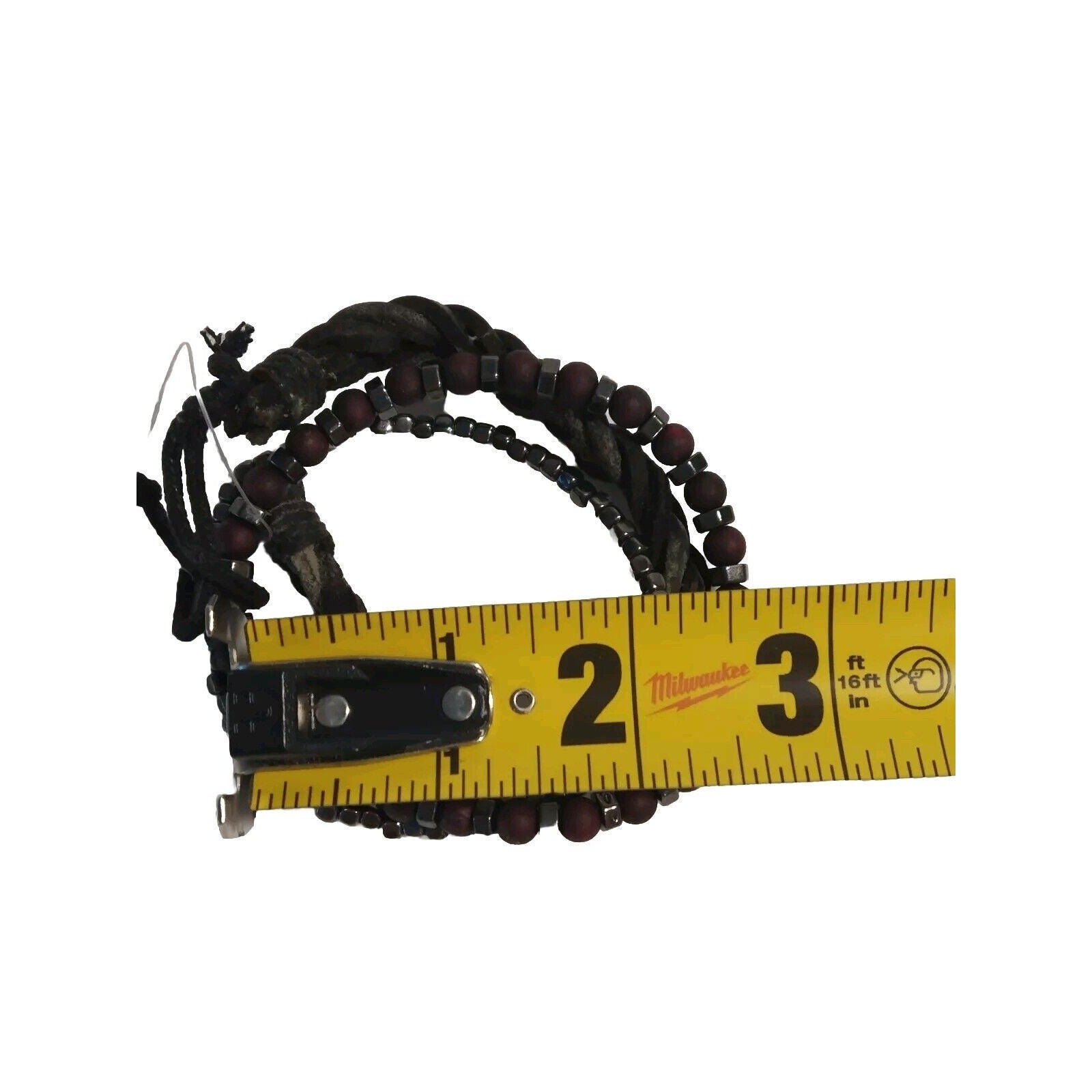 3 PCs Beaded Bracelet Hematite Cherry Wood & Black Leather Multilayer