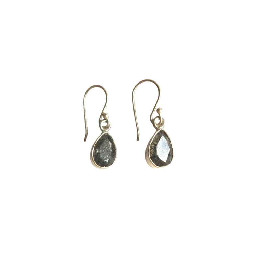 Rare Pear Cut Black Rutilated Tourmalinated Quartz Sterling Silver Earrings 925