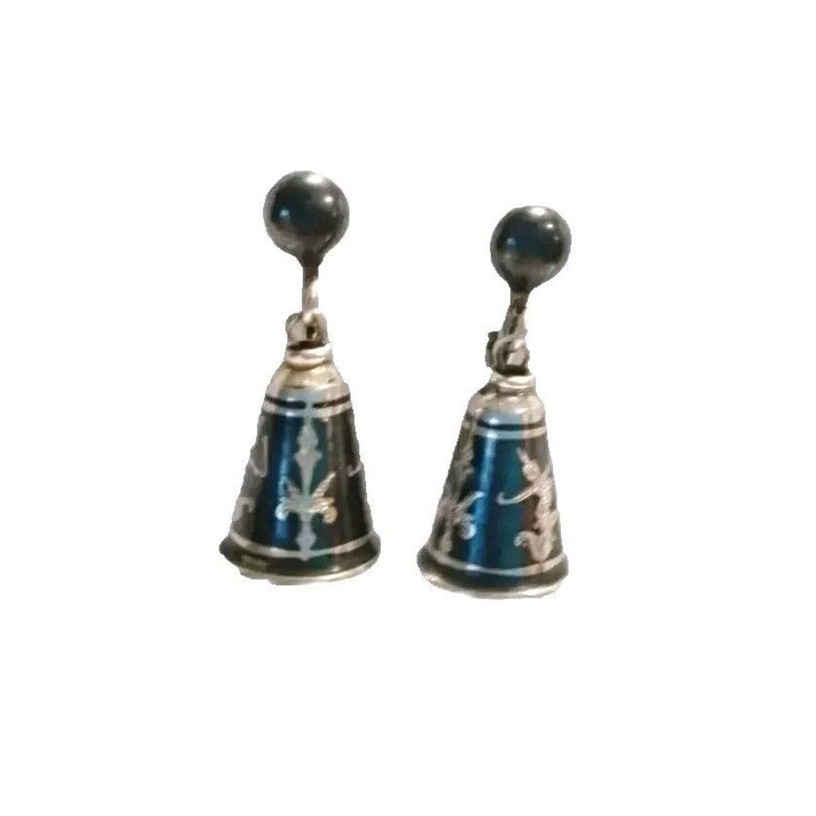 925 Sterling Silver Vintage Siam Niello Hindu Goddess Bell Screw Back Earrings