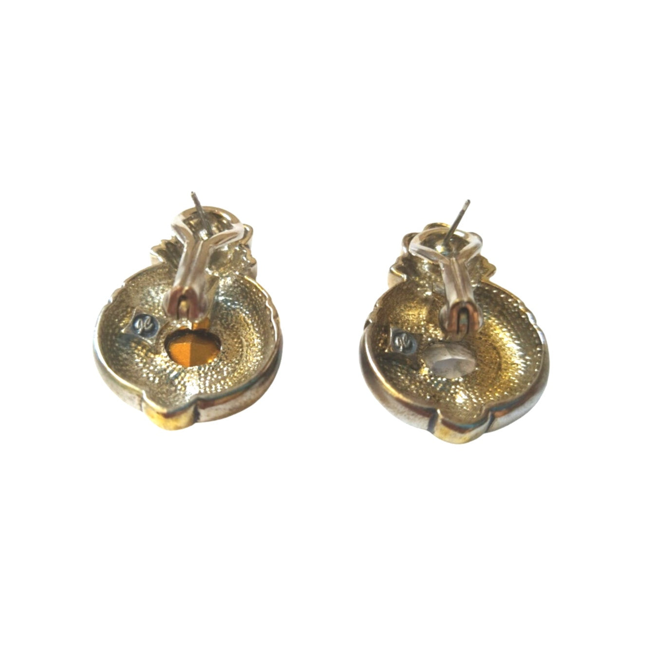 Vintage John Candice JC Oval Crystal Stud Earrings Silver Gold Tone Omega Clip