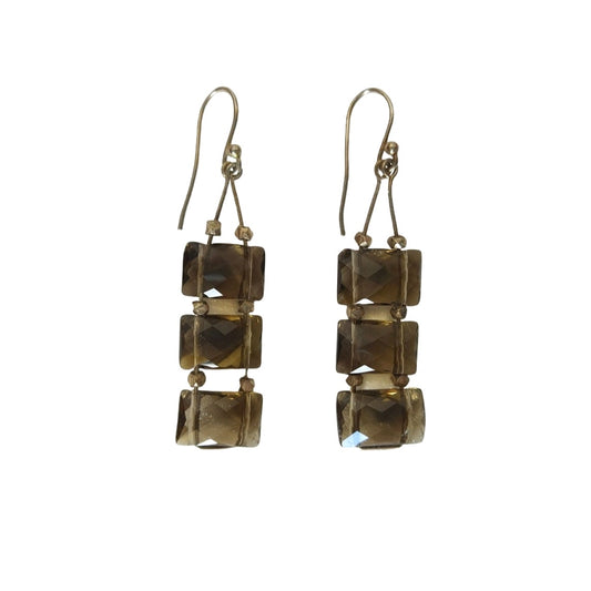 Vintage Faceted Triple Smoky Quartz Dangle Earrings Sterling Silver 925 Hook