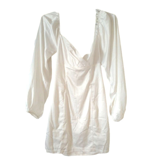 White silk long puff sleeve mini dress zipper up M