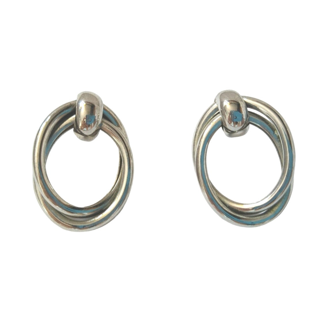 Vintage Triple Twisted Oval Door Knocker Dangle Earrings Silver Tone Posts