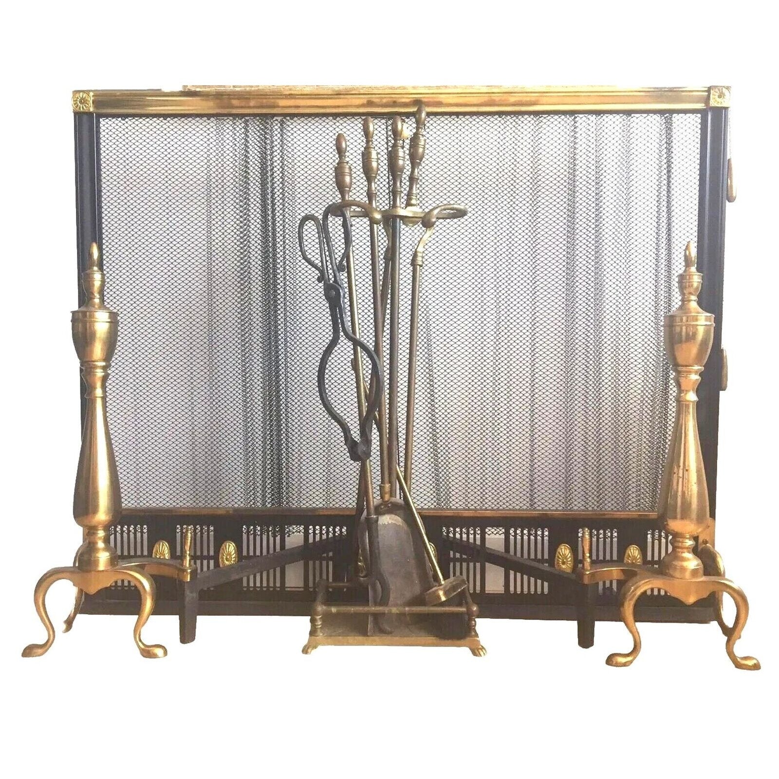 Antique Flexscreen Norwich NY Solid Brass/Iron Fireplace Screen Andirons Tools