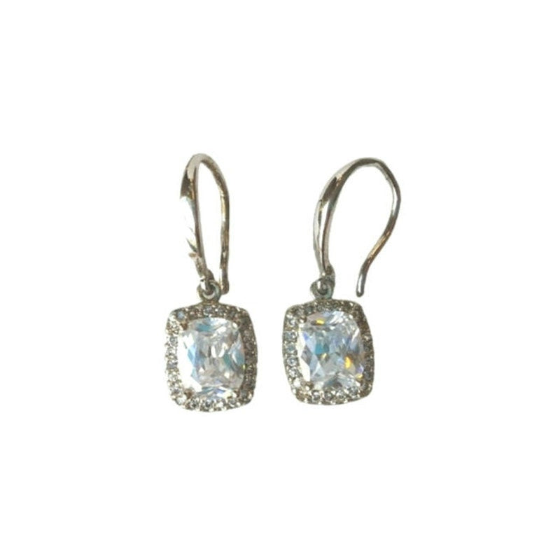 RSF CN Cushion Cut Cubic Zirconia Dangle Wedding Earrings Sterling Silver 925