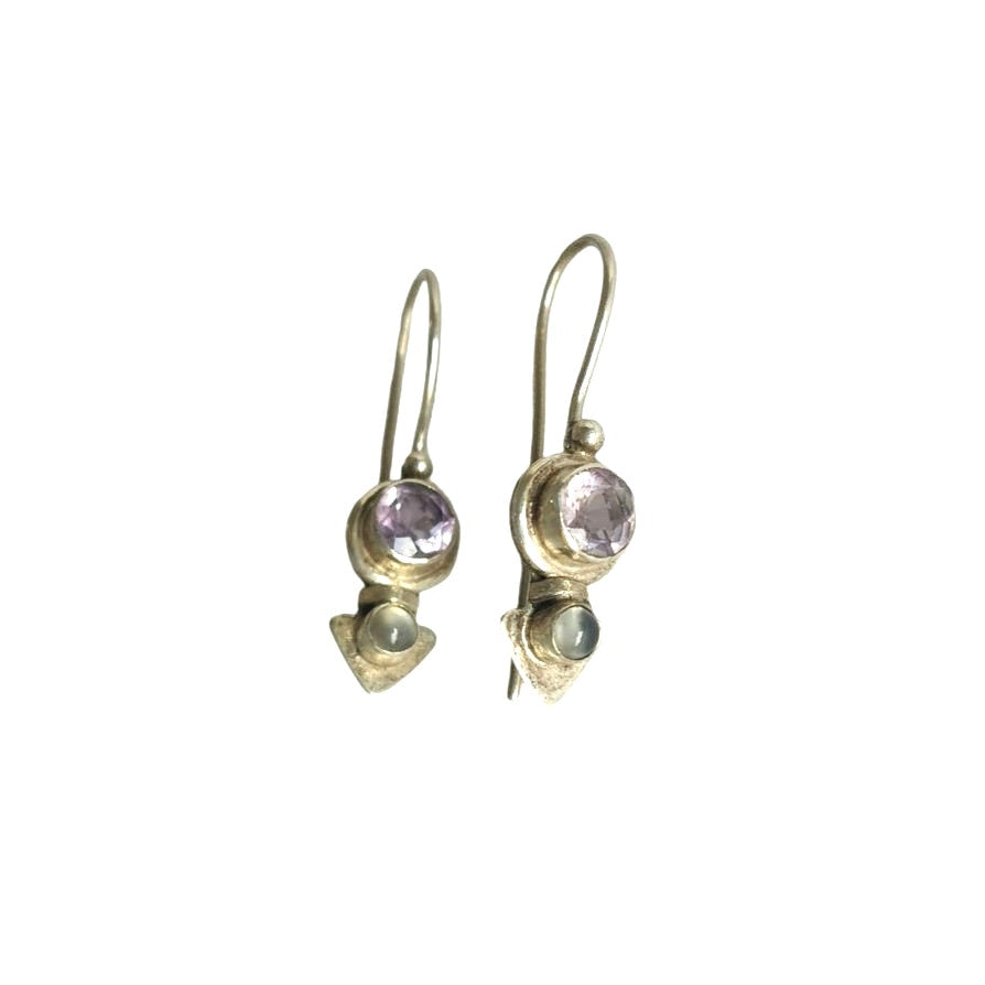 Art Deco Round Cut Amethyst & Moonstone Dangle Earrings Sterling Silver 925