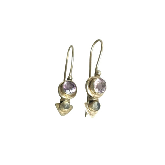 Art Deco Round Cut Amethyst & Moonstone Dangle Earrings Sterling Silver 925