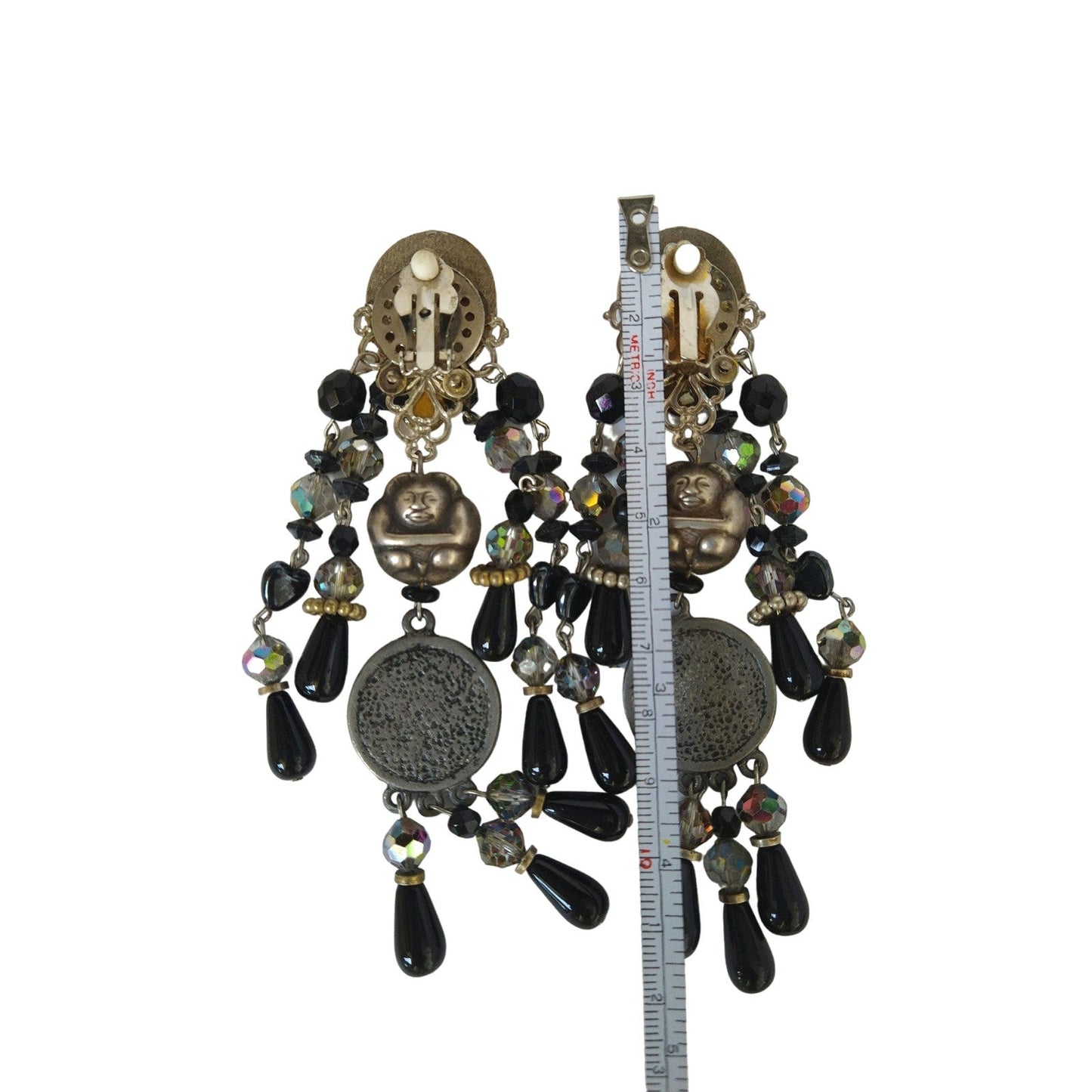 Vintage Chandelier Earrings - Black Clear Rhinestones Crystals Buddhist Clip In