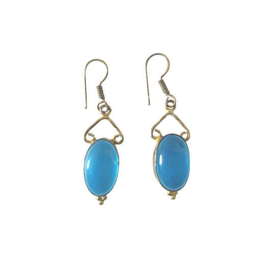 Vintage Oval Cut Blue Agate Dangle Earrings Sterling Silver 925 Hook