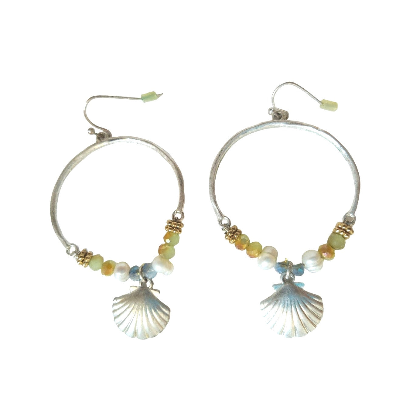 Vintage Beaded Hoop Dangle Shell Charm Earrings Sterling Silver Plated Hooks