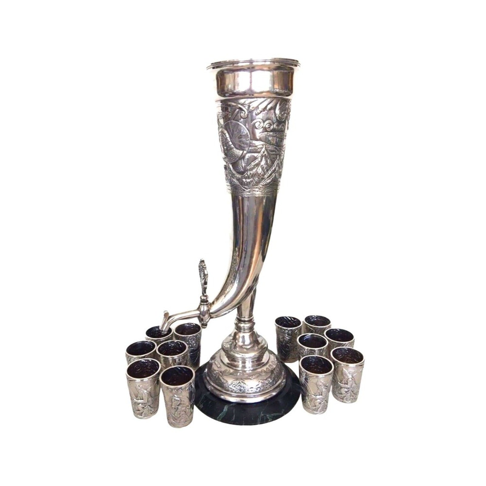 Antique Faberge Wine Horn Form Urn 12 Beakers Set 84 Silver Russian 1890s Set