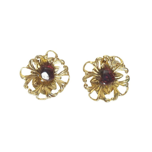 Vintage Ruby Red Gemstones Flower Stud Earrings Yellow Gold Plated Clip On