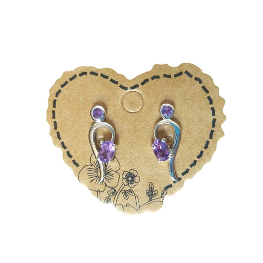 Oval & Round Cut Amethyst Elegant Stud Earrings Sterling Silver 925 Post