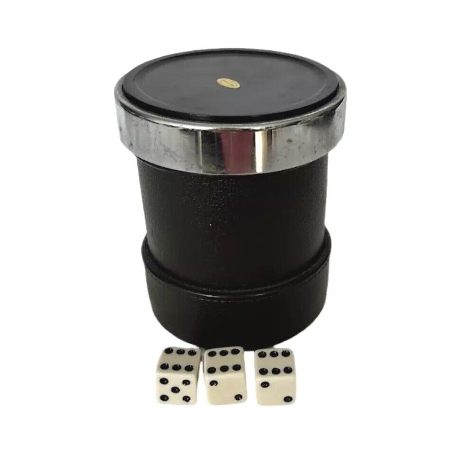 Vintage Black Round Dice Cup LUCKICUP Oakland Calif Ribbed Interior w 4 Dices