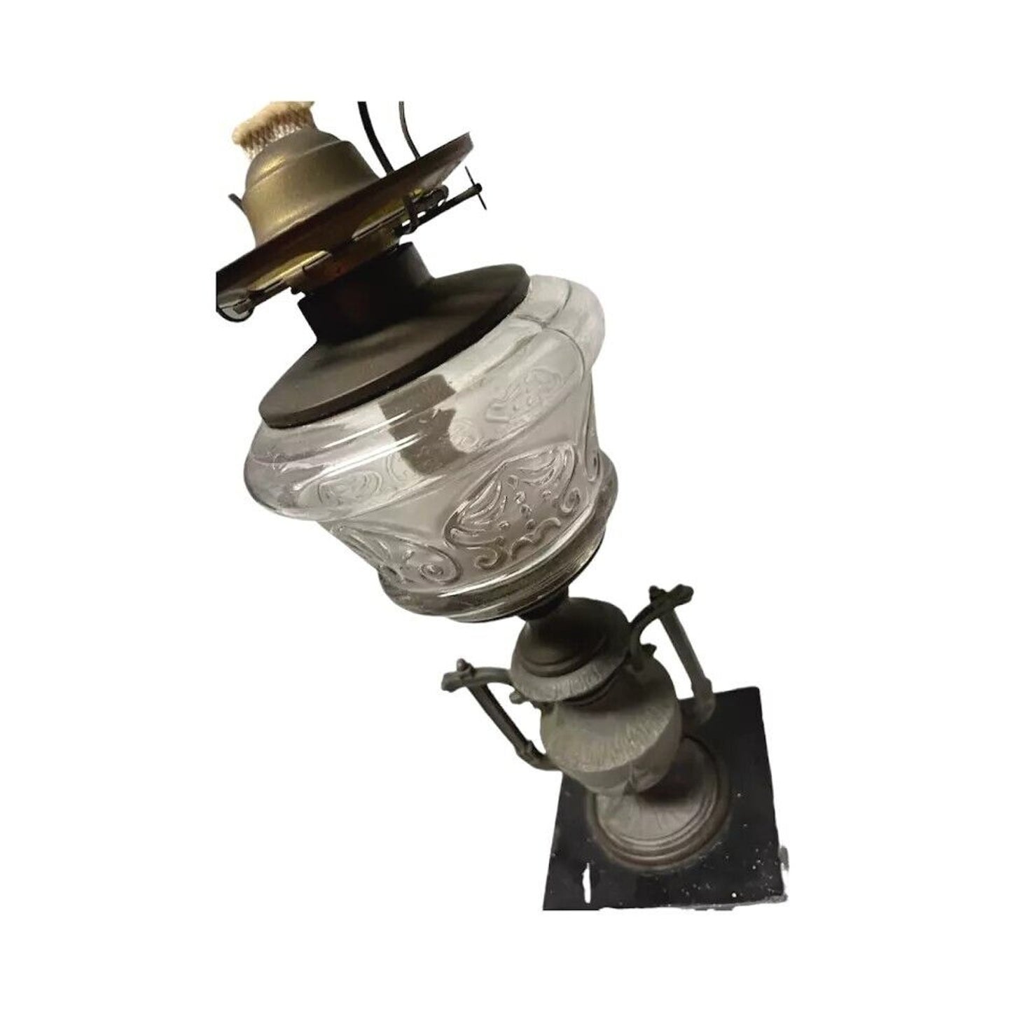 Antique Old Kerosene Oil Table Lamp Milk Glass Etched Glass