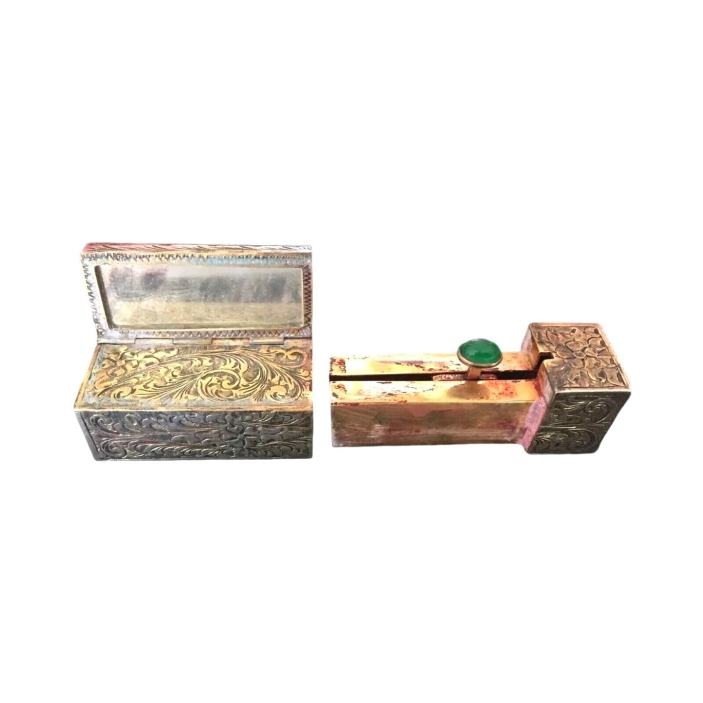 Antique Lipstick Case Cabochon Jade Repousse 800 Silver Enamel Boat Mirror