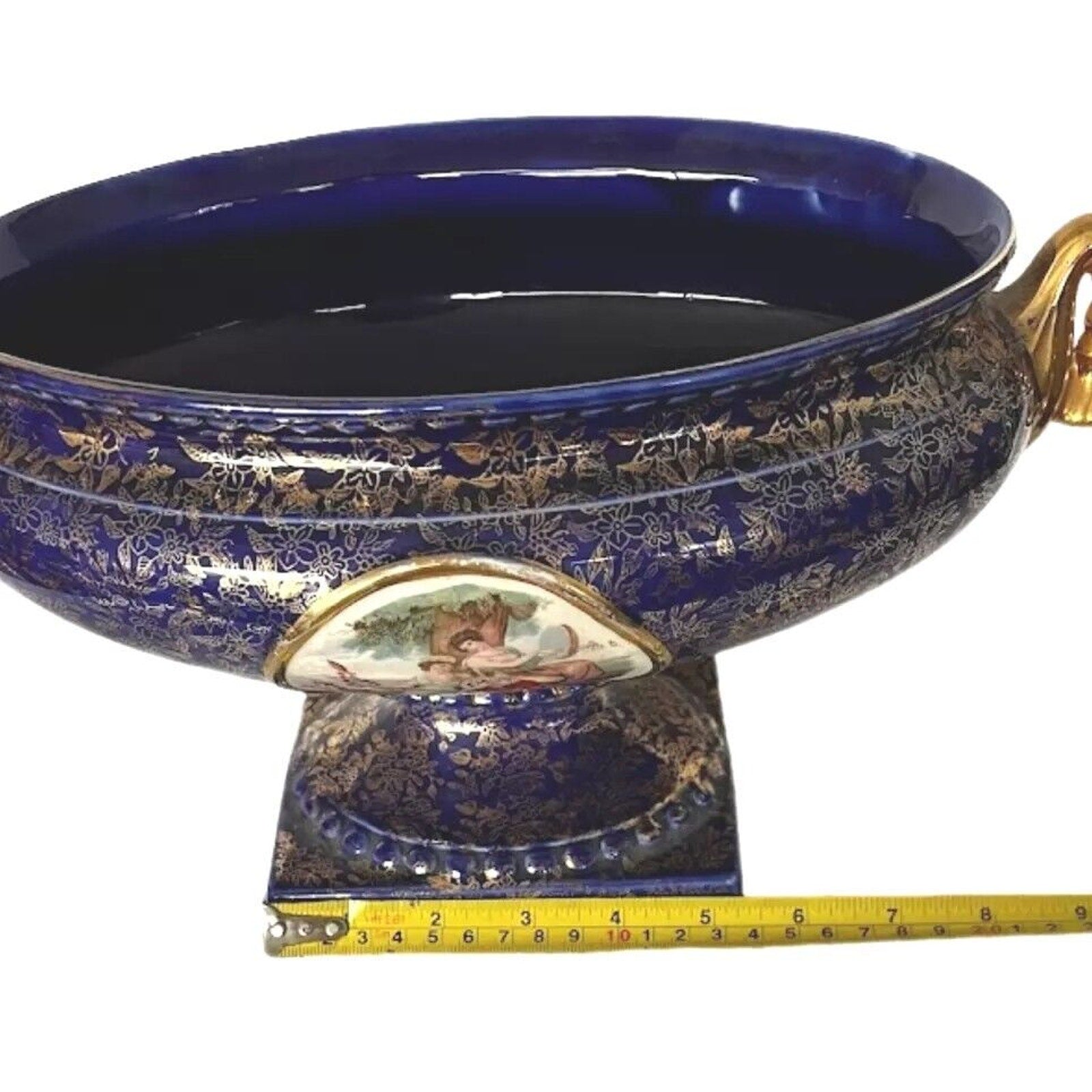 Vintage Cobalt Blue Gold Porcelain Centerpiece Bowl Vase England Victorian Scene