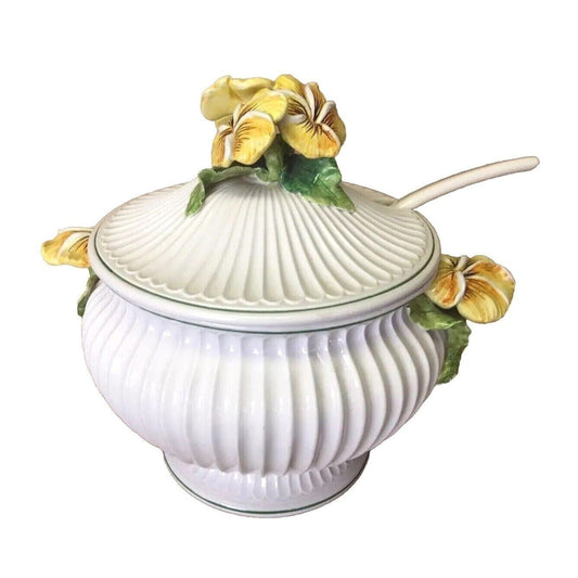 Antique Majolica White Glazed Porcelain Italy Soup Bowl With Spoon