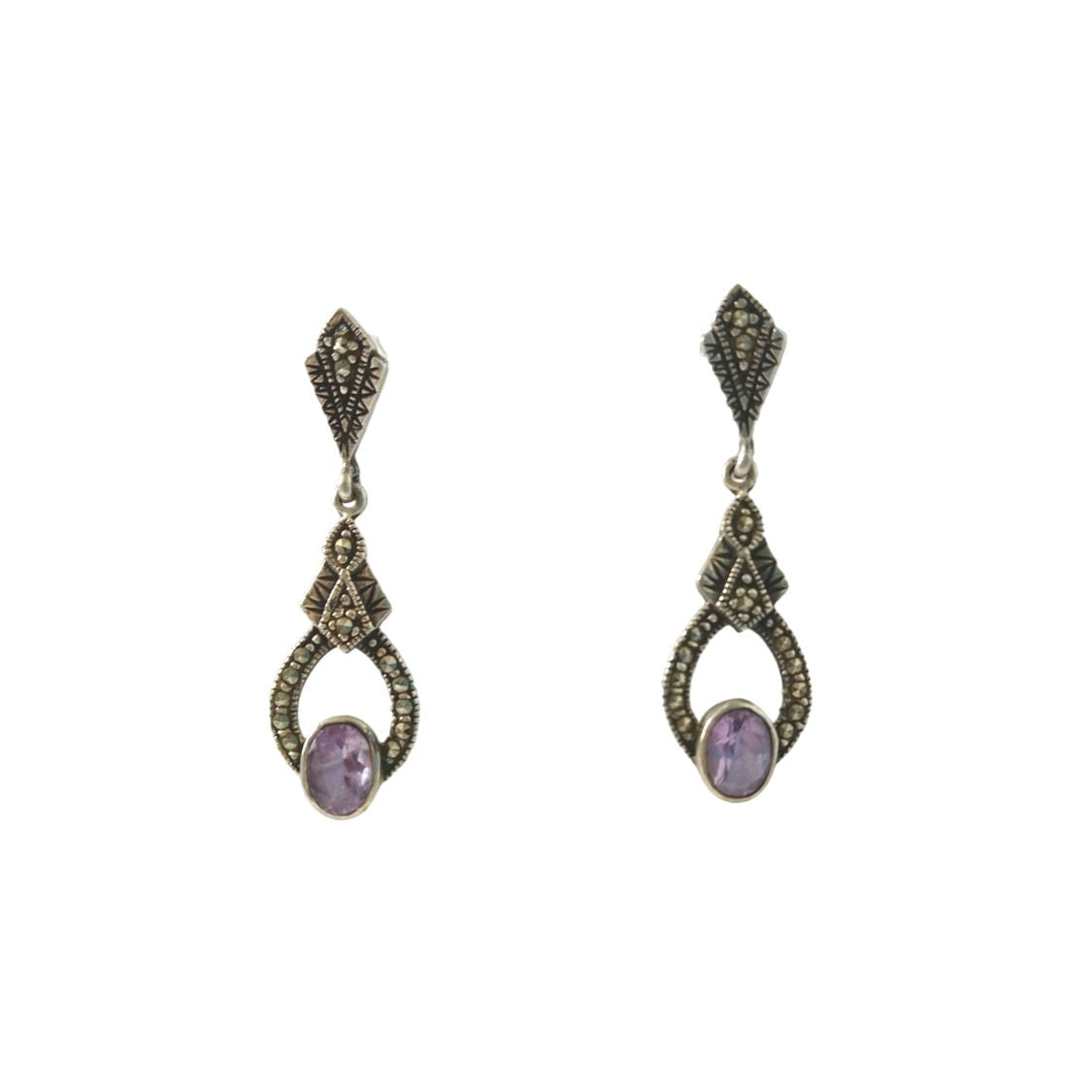 Art Deco Oval Cut Amethyst & Marcasite Dangle Earrings Sterling Silver 925 Post