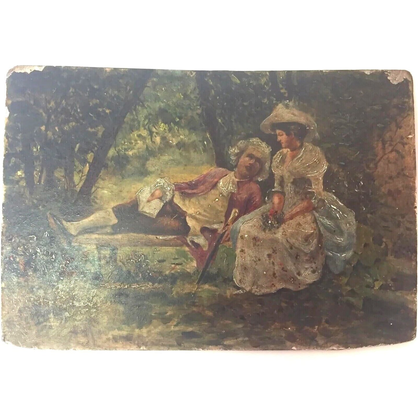 Renaissance Miniature Oil Painting On Board "Couple" M.Lopez Spain