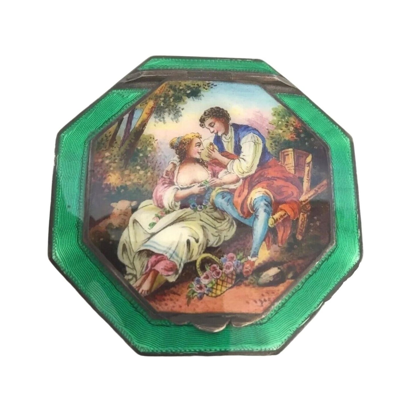 Antique Hand-Painted Guilloché Enamel Powder Compact - Sterling Silver, Austria