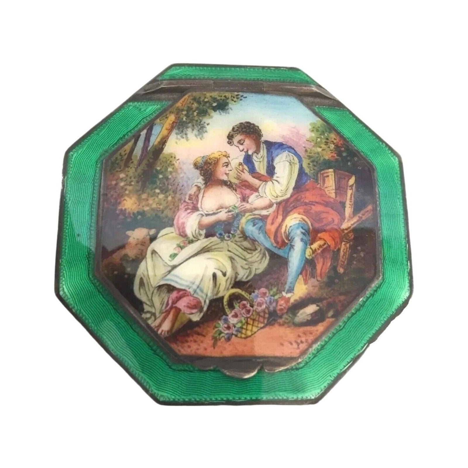 Antique Hand-Painted Guilloché Enamel Powder Compact - Sterling Silver, Austria