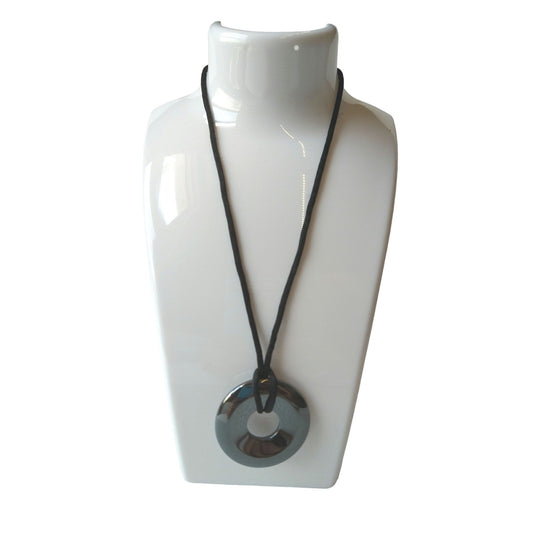 Vintage Round Black Hematite Gemstone Pendant Necklace