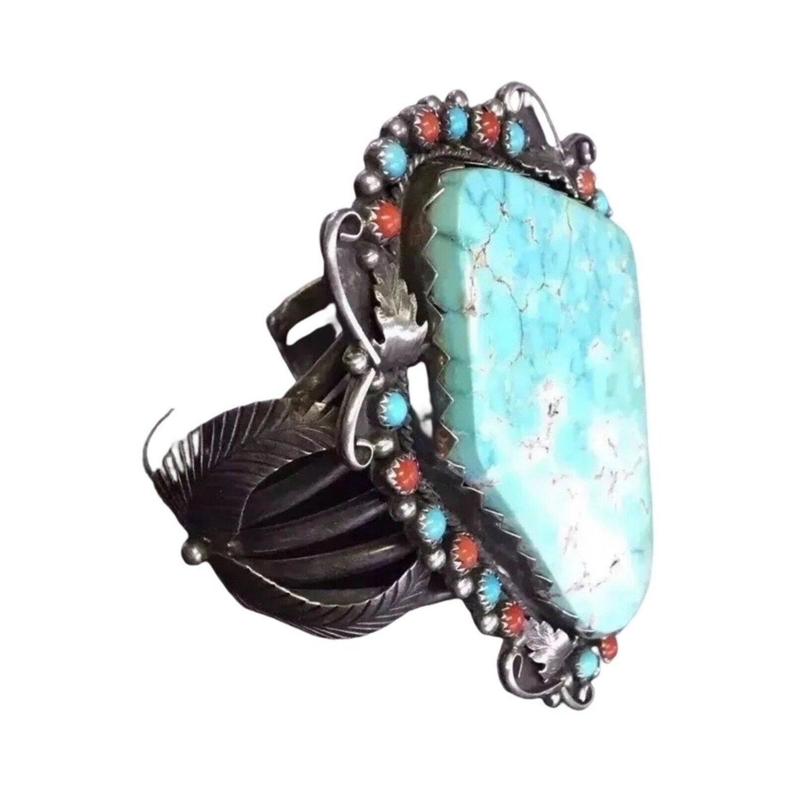 Antique Cuff Bracelet Green Turquoise Coral Sterling Silver Navajo Native Signed