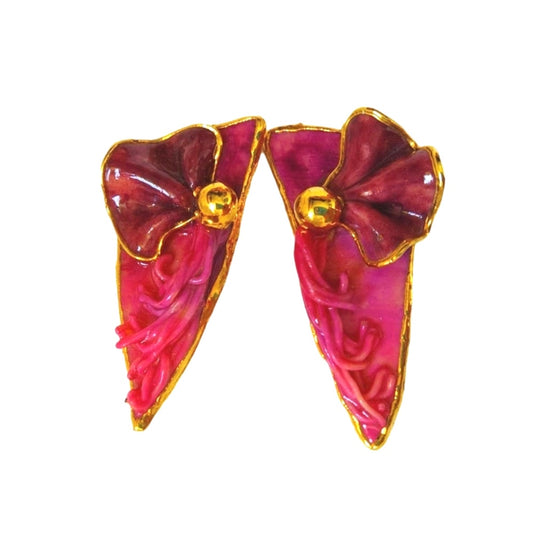 Vintage Amy Lacombe Pink Purple Flower Dangle Earrings Yellow Gold Plated Clip