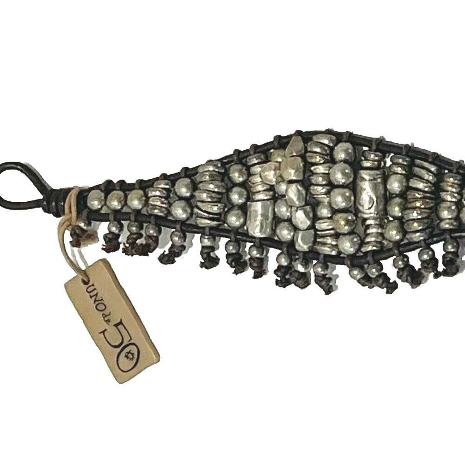 Uno De 50 Bracelet Beaded Silver Brown Leather Wide Unisex Men's Women's Spain