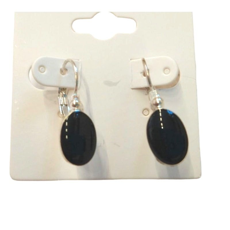 Oval Cut Black Onyx Dangle Drop Earrings Sterling Silver Plated Lever Back