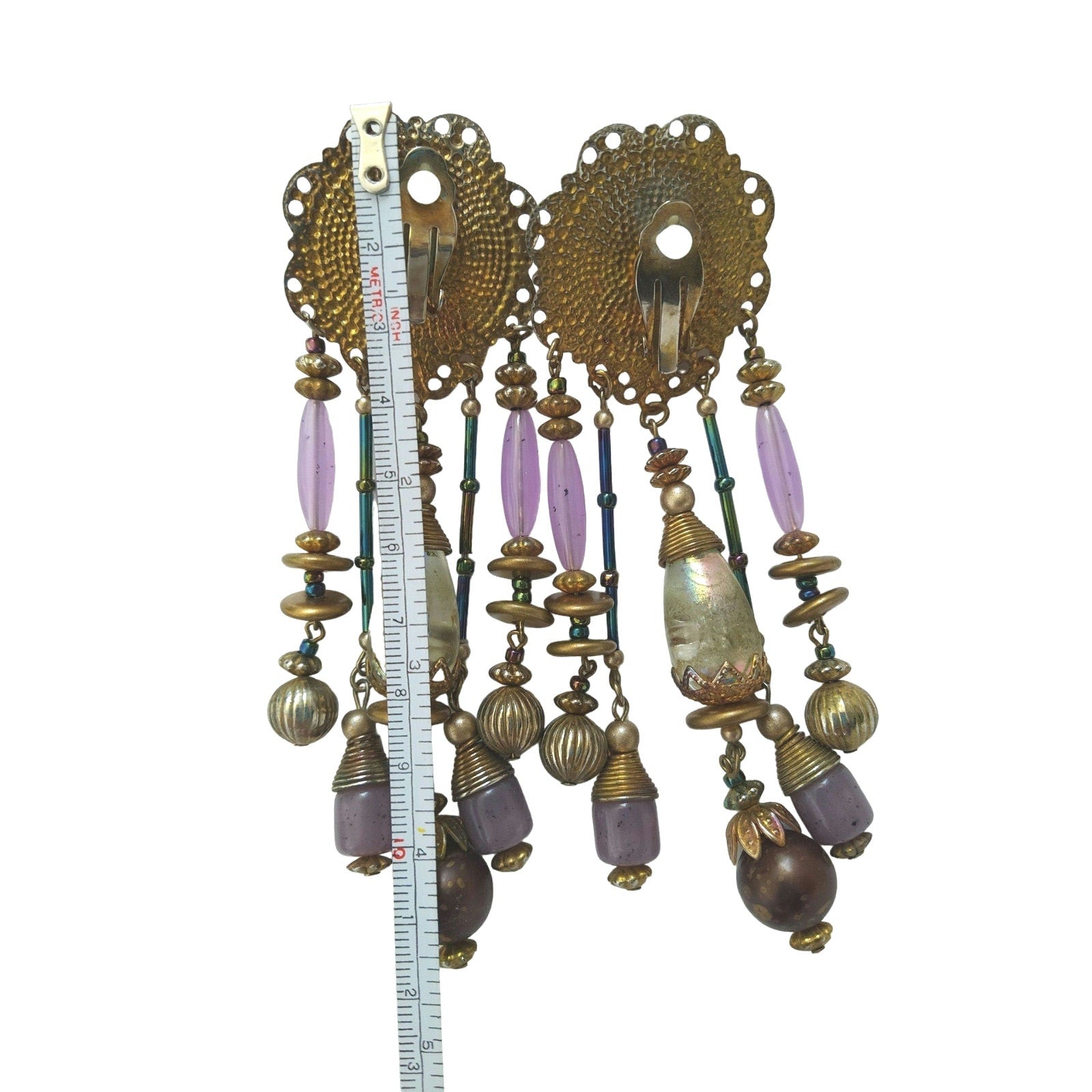 Vintage Amber Purple Crystals Gold Tone Chandelier Dangle Long Earrings Clip