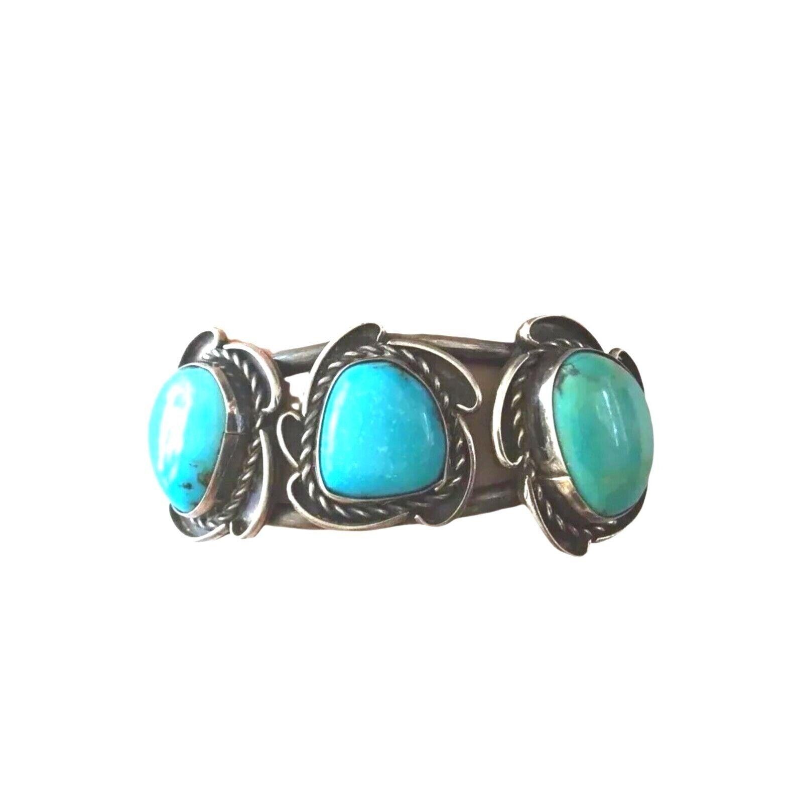 Vintage Navajo Native Indian Cuff Bracelet: Sterling Silver 3 Blue Turquoises