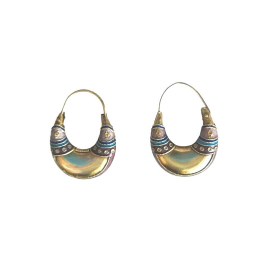 Vintage Gold Plated Purple Enamel Crescent Earrings Sterling Silver 925 Hoop