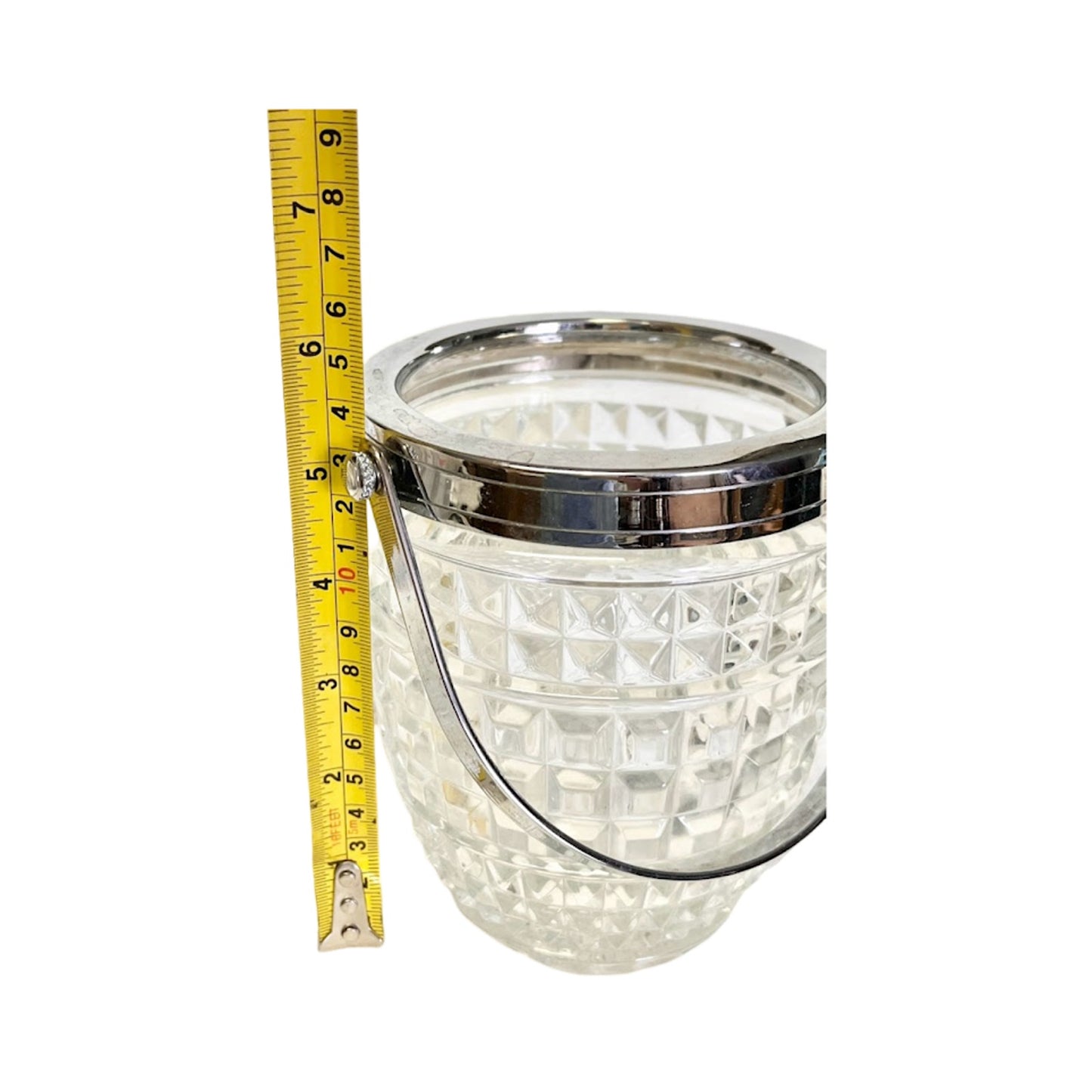 Vintage West Germany Lead Crystal Diamond Glass Ice Bucket Silver Handle 5.5"