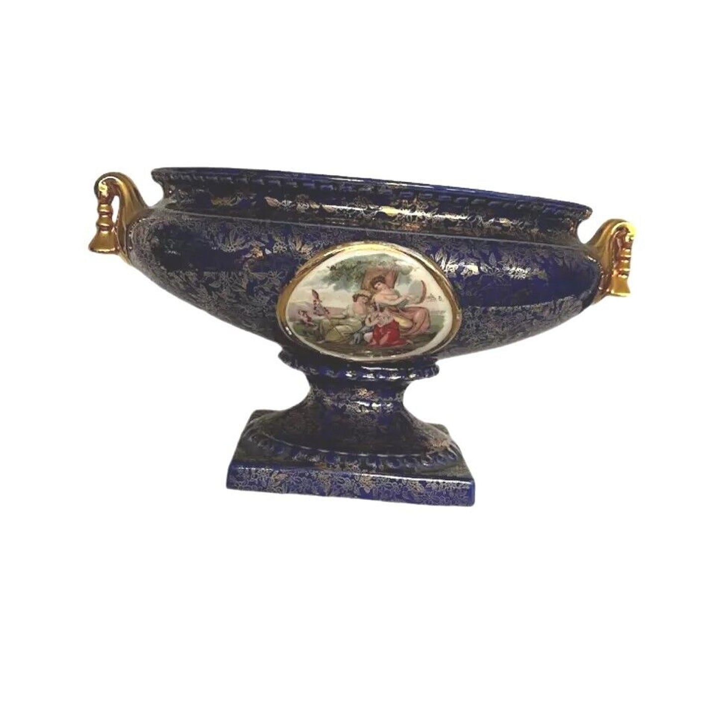 Vintage Cobalt Blue Gold Porcelain Centerpiece Bowl Vase England Victorian Scene