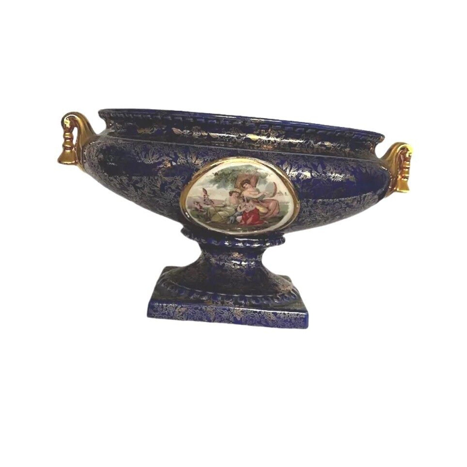 Vintage Cobalt Blue Gold Porcelain Centerpiece Bowl Vase England Victorian Scene