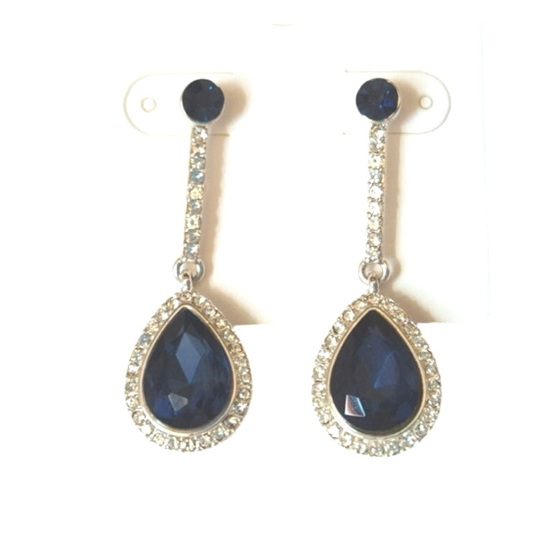 Pear Round Cut Navy Blue & Clear Crystal Dangle Drop Earrings Silver Plated Post
