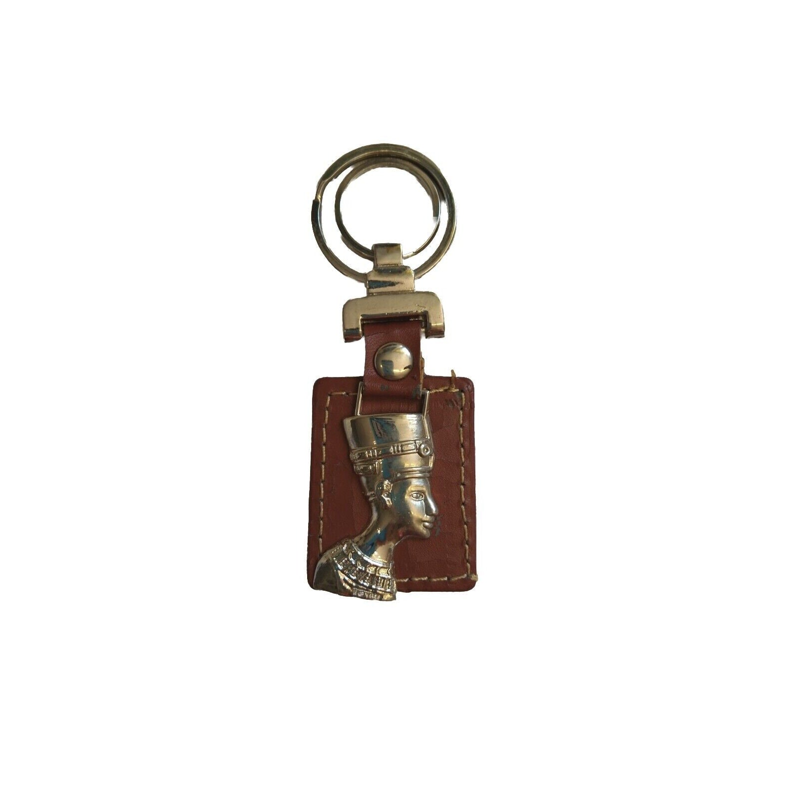 Queen Nefertiti Keychain Keyring Purse Bag Silver Tone Metal Brown Leather