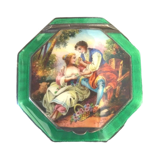 Antique Hand-Painted Guilloché Enamel Powder Compact - Sterling Silver, Austria
