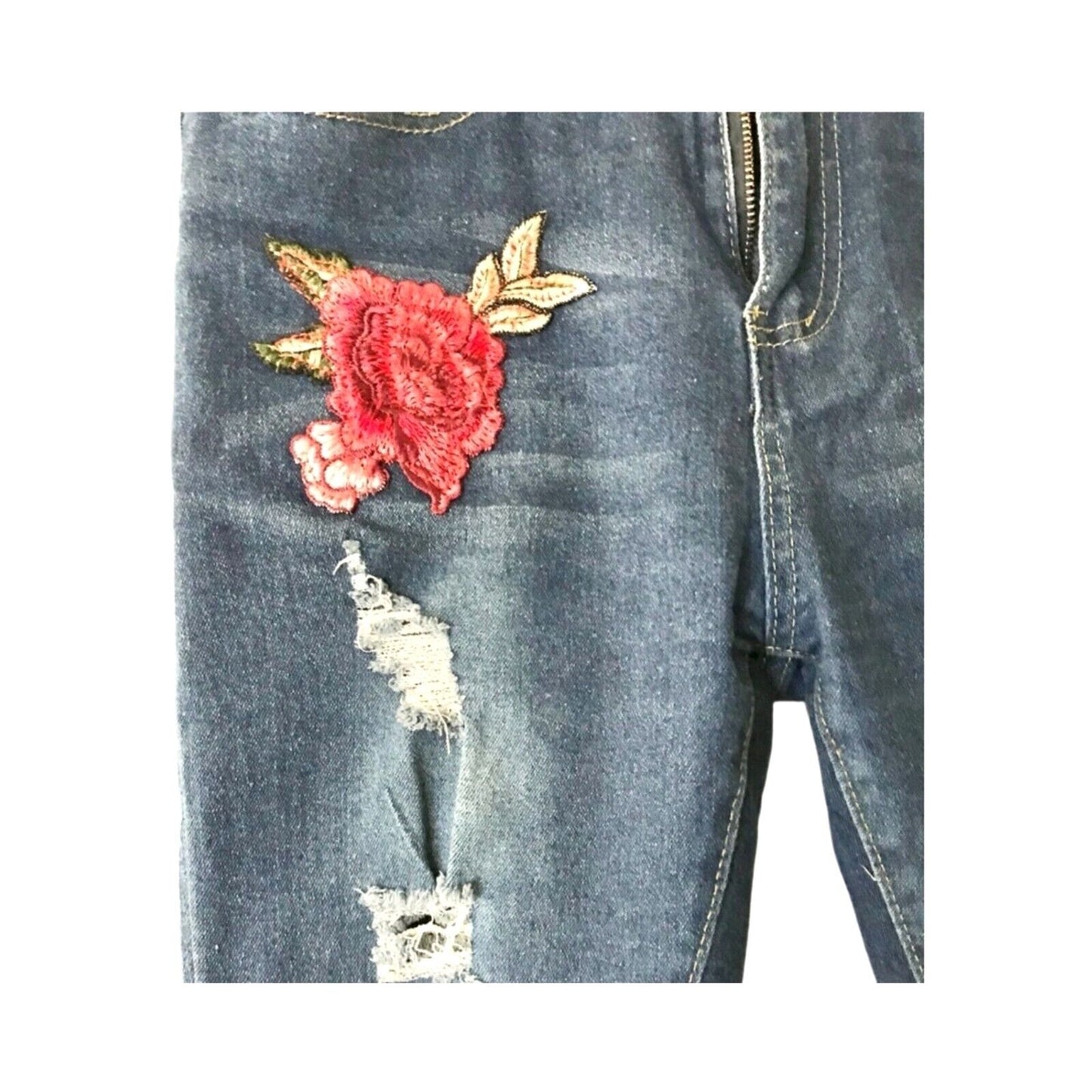 Women’s Blue Jeans Pants Bottoms Skinny with 2 Red Roses Embroidery Size M