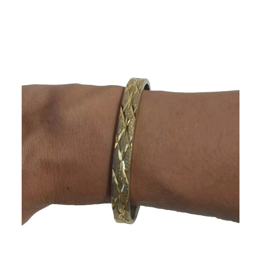 Vintage Bracelet Brushed Gold Etched Hinged Bangle Estate Jewelry