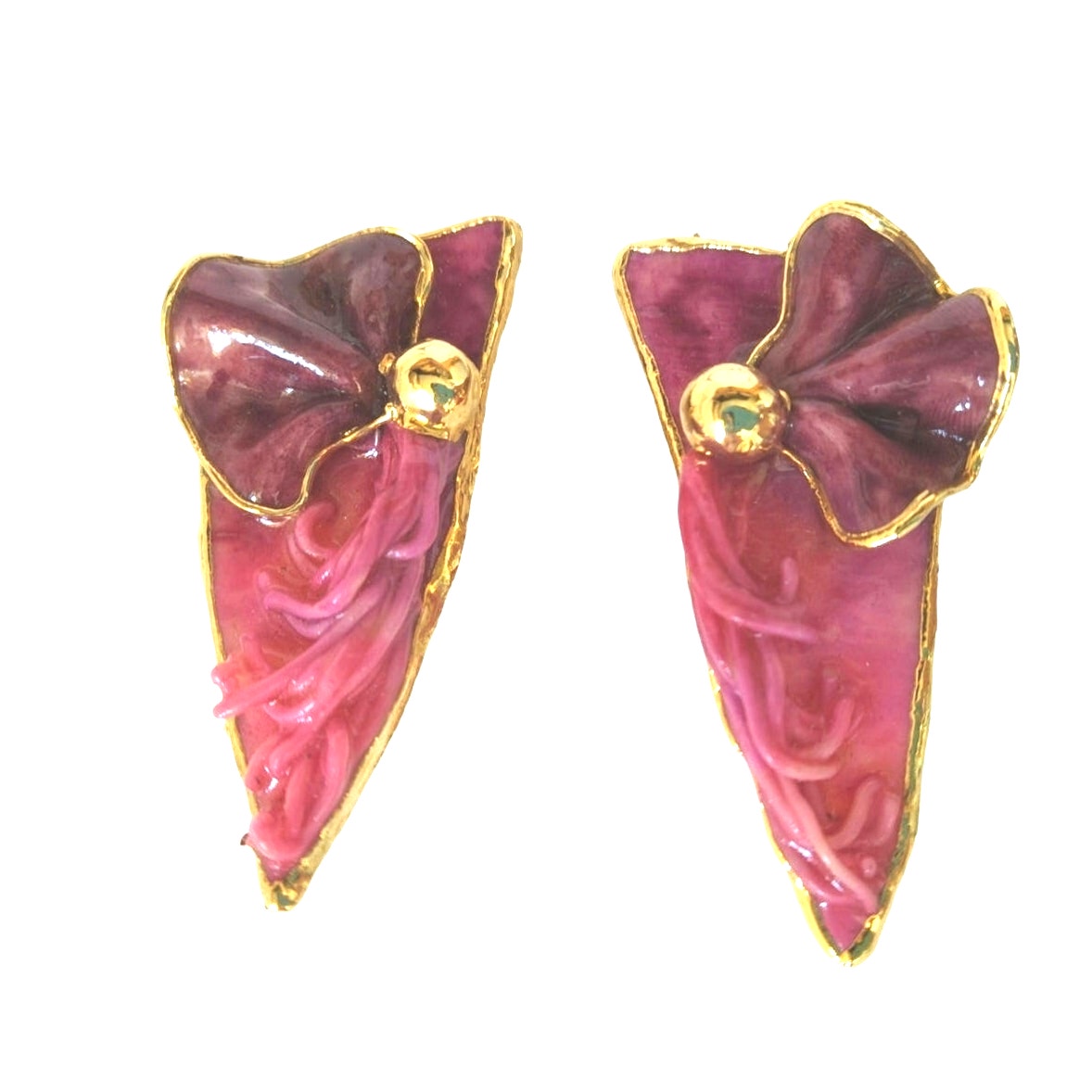 Vintage Amy Lacombe Pink Purple Flower Dangle Earrings Yellow Gold Plated Clip