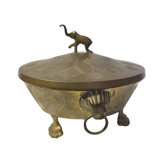Vintage Brass Elephant Design Brass Bowl w Lid Round Footed Tibetan