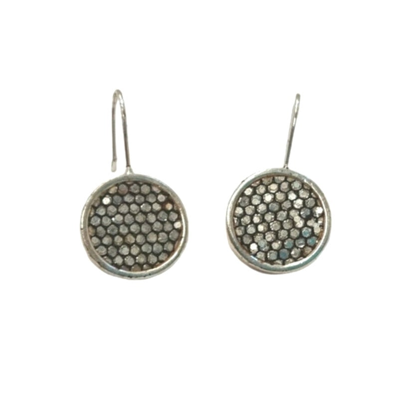 Vintage Polka Dots Circle Dangle Button Earrings Silver Tone Hooks