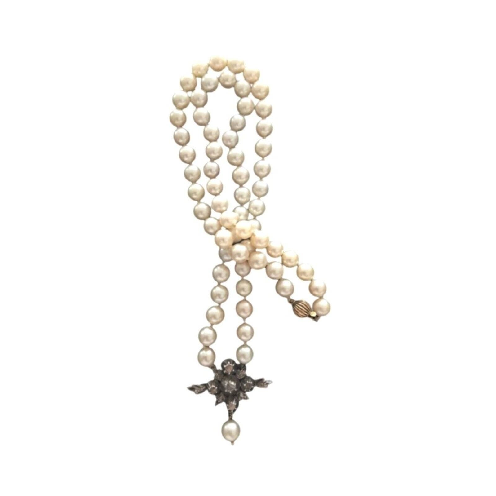 Antique Natural Pearl Necklace Rose Cut Diamonds 14K Gold Silver Victorian 1880s