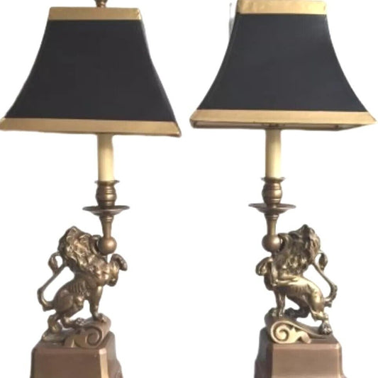 Art Deco French Table Lamp Brass Figural Prancing Lions Candelabra Black Shades