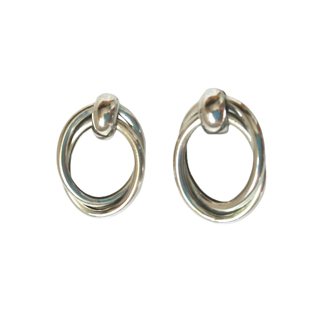 Vintage Triple Twisted Oval Door Knocker Dangle Earrings Silver Tone Posts