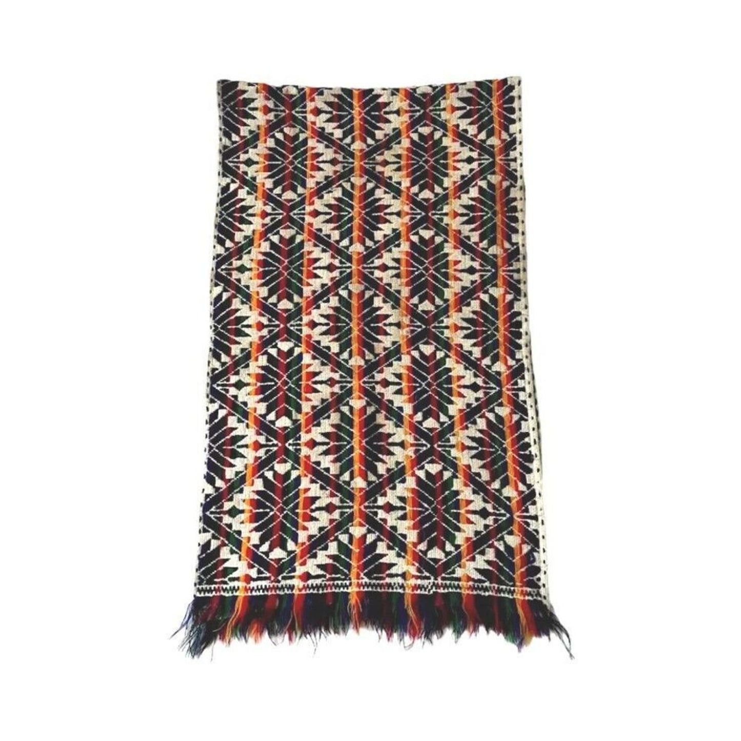Vintage Hand Woven Geometric Table Runner Rectangular Thick Yarn Red Green Beige