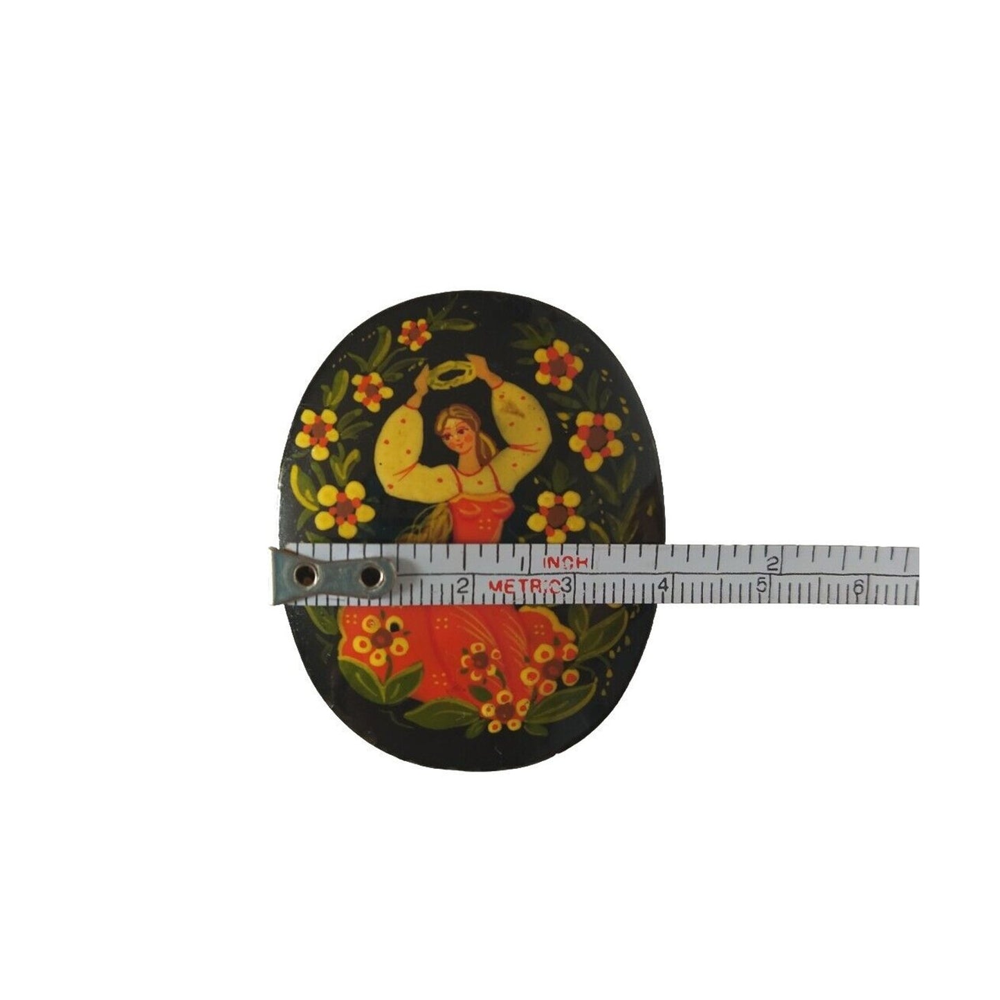 Vintage Women's Brooch Pin Russian Lady Flowers Black Enamel Fairytale Palekh